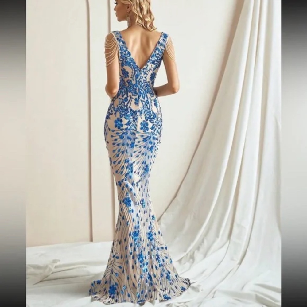 Luxe Floral Sequin Bead Detail Formal Party Wedding Dress - Picture 5 of 9